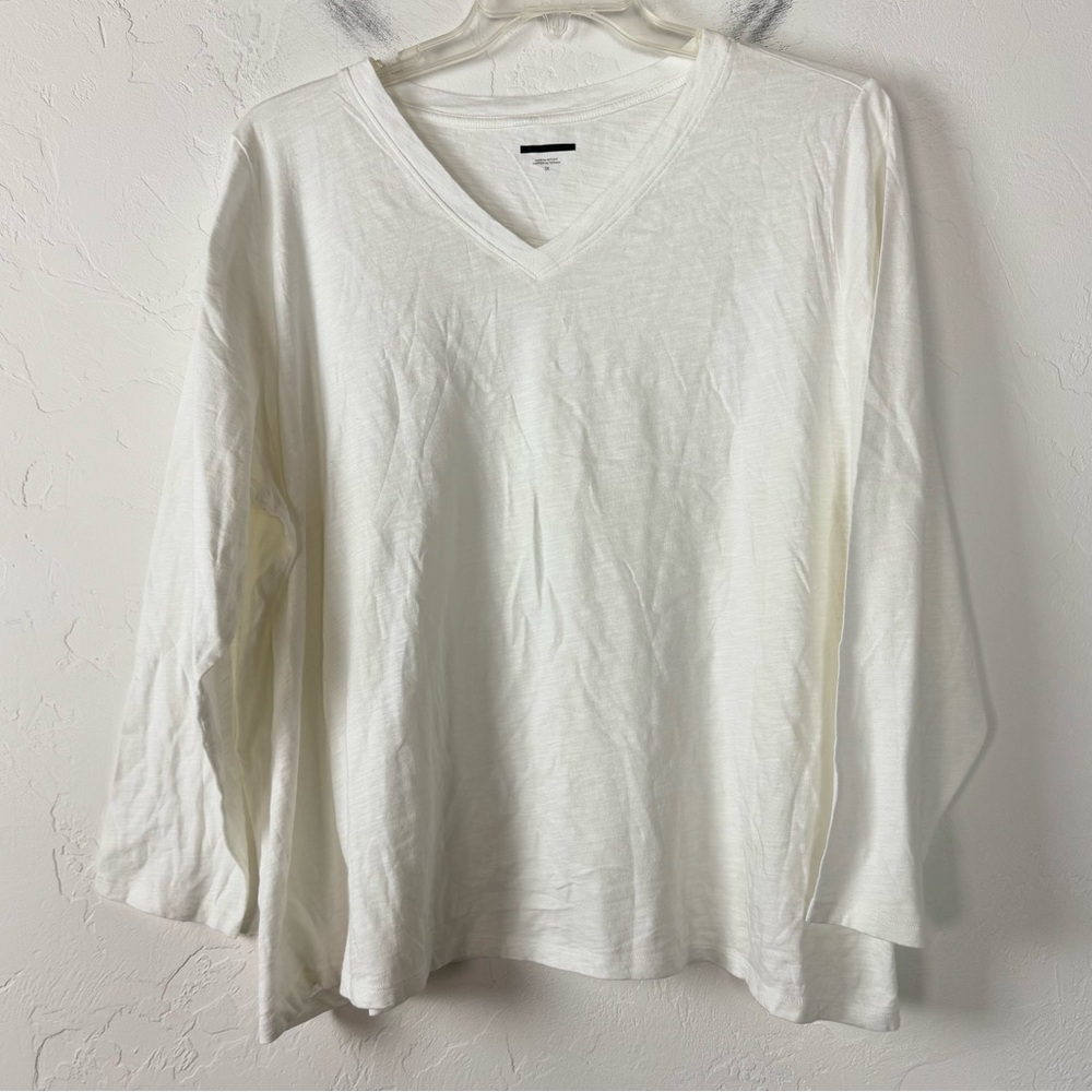 Eileen Fisher‎ Shirt Knit Top Tee Solid White V Neck Long Sleeve Organic Cotton